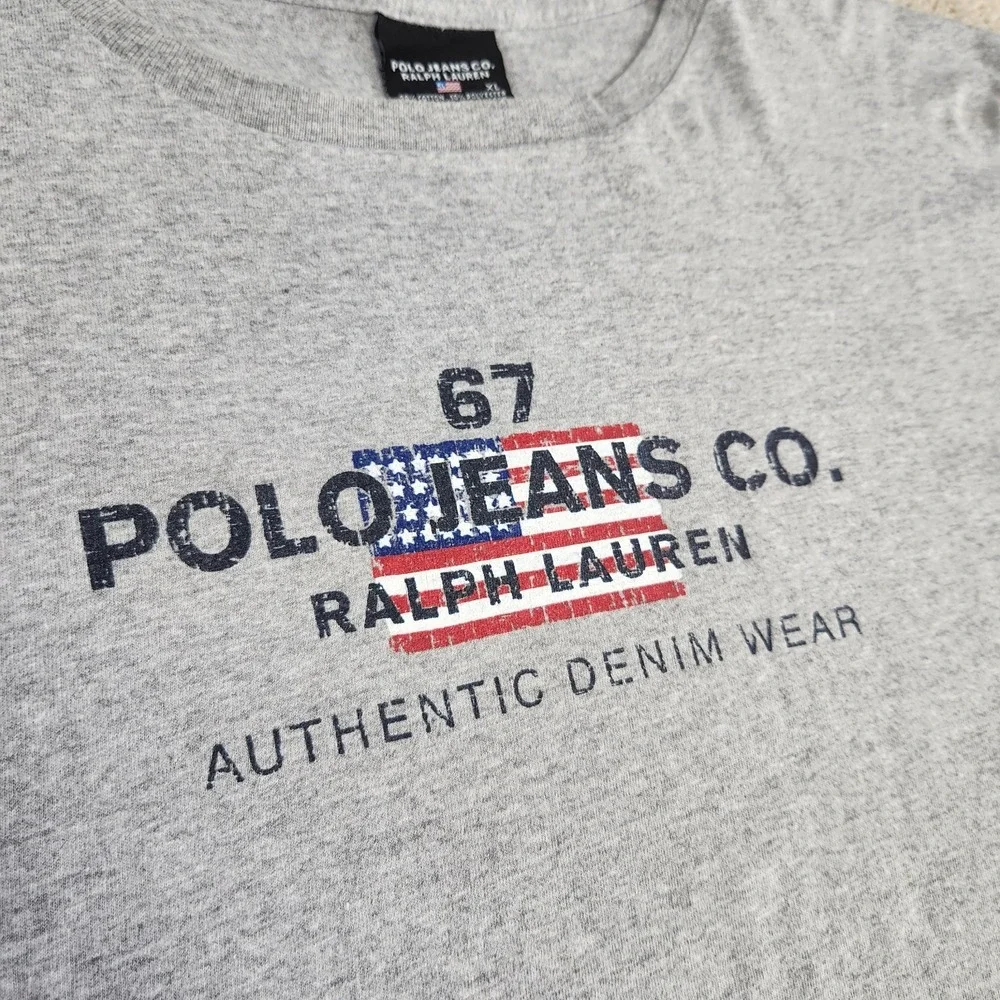 Vintage‎ Ralph Lauren Shirt Men XL Polo Jeans Y2K Spellout Flag Logo Gray Y2K
